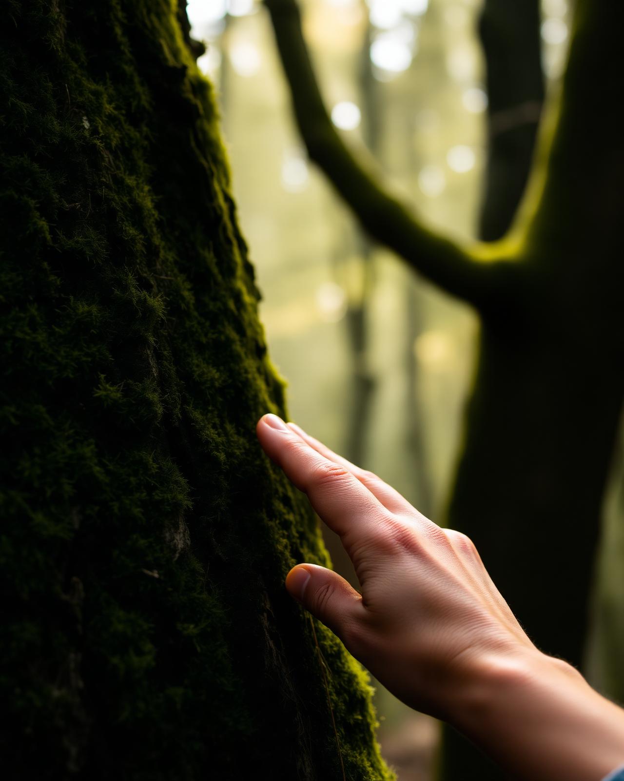 Mano tocando el musgo de un tronco en el bosque